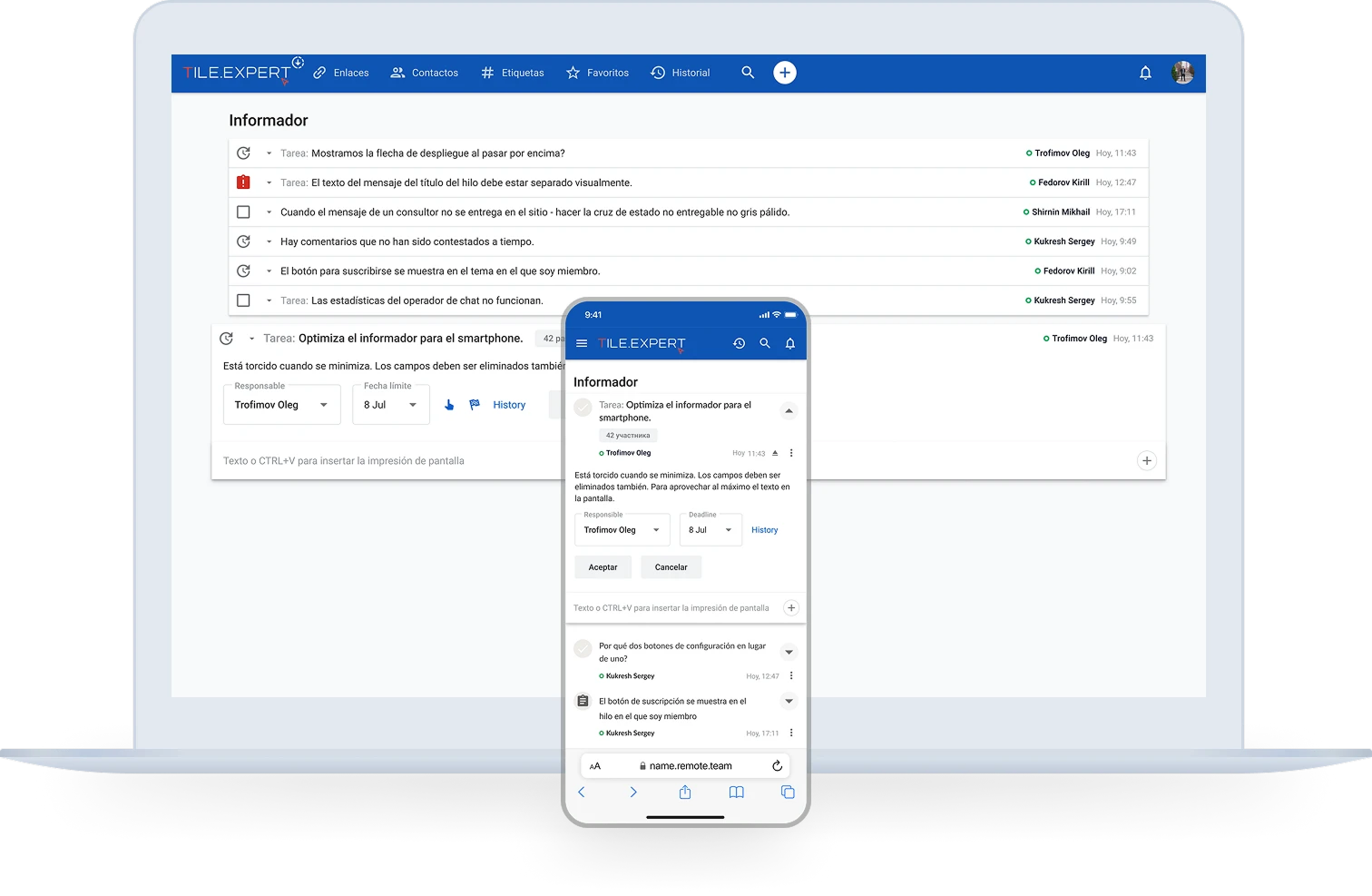 Captura remote.team: chat y tareas para el trabajo en equipo