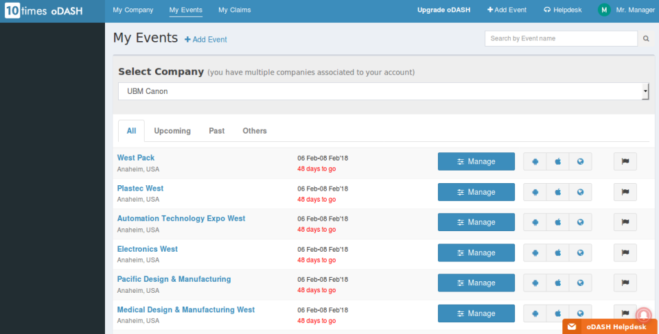 Captura oDASH Gestión de Eventos